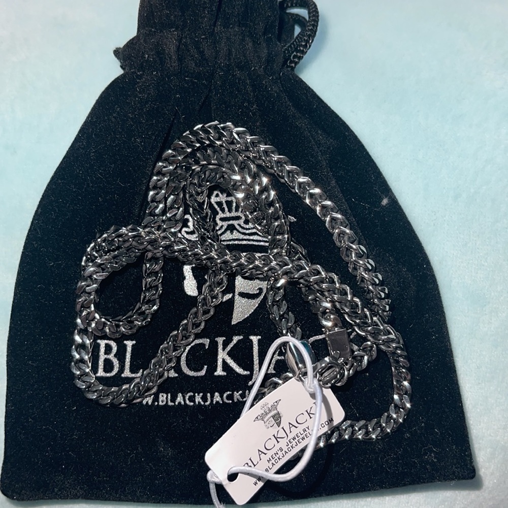 ❤️NEW!❤️BlackJack Necklace. Men's 4mm Darkened Stainless Steel Franco Link Chain